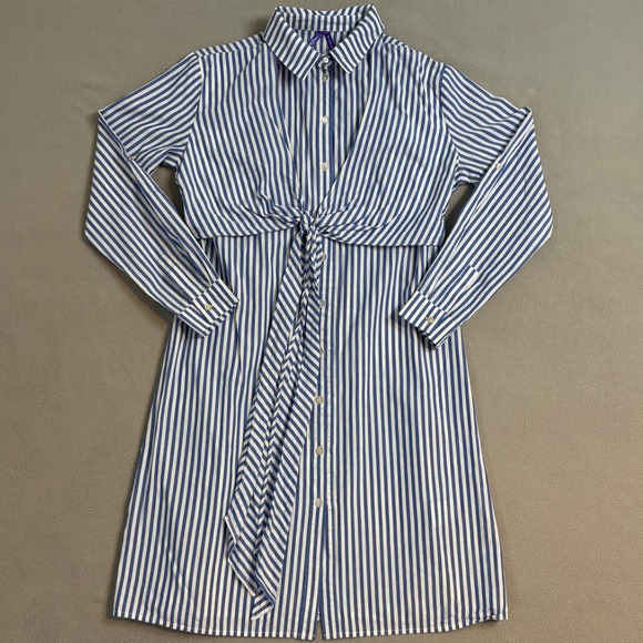 Seraphine Maternity Stripe Button Down Shirt Dress Tie Front long Sleeve Sz 4 - Picture 3 of 10